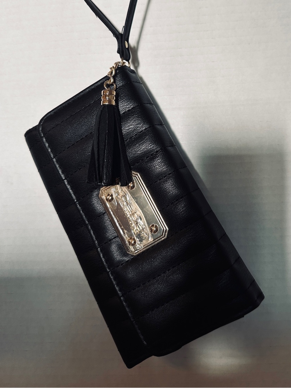bebe Black Quilted Wristlet Clutch with Gold Plaque & Tassel Vegan Leather NWOT
